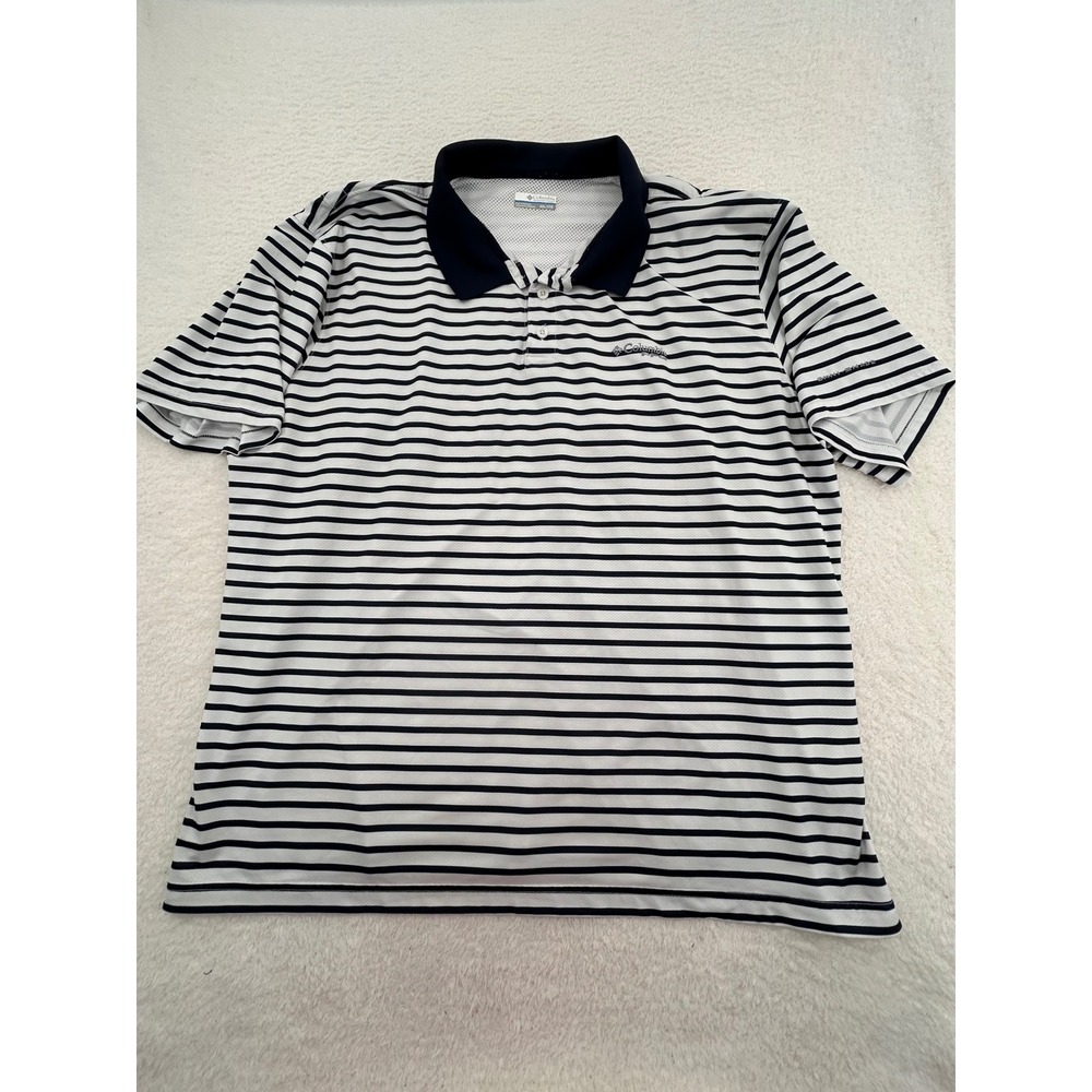 Columbia PFG Mens XXL Striped Performance Fishing Polo Shirt White Navy Blue